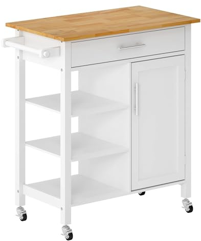 sogesfurniture Küchenwagen auf Rollen, bewegliche Kücheninsel mit Arbeitesplatte und Handtuchhalter, Küchenrollwagen Servierwagen mit Schublade, Tür, Ablagen, 80 x 47 x 91.5cm, Weiß
