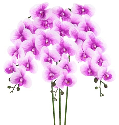 M METERXITY 3er-Pack Künstliche Orchideenblumen 37 Zoll Dunkel Lila Weiß | 9 Große Blüten, Faux Phalaenopsis Seidensträuße, Fake Orchideen, Real, für Zuhause/Hochzeit/Weihnachten/Party/Garten Büro