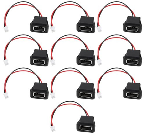 eMagTech 10x Prises Femelles USB-A Type 2 Broches avec Câble USB 2.0 pour Réparation de Soudure Insert de Rénovation DIY avec Connecteur PH2.0 Noir pour Périphériques USB Installés