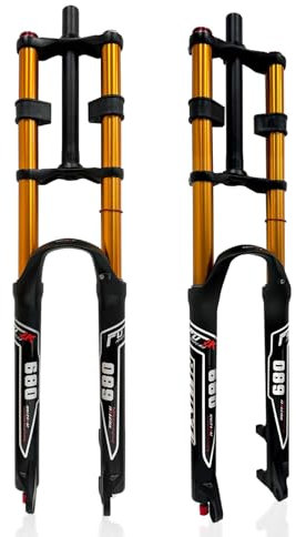 QHIYRZE Downhill Mountain Bike Suspension Fork 26 27.5 29 Inch Double Shoulder Air Fork Travel 150mm 1-1/8 Straight Front Fork Rebound Adjustale With Lockout Disc Brake QR，for DH/XC/AM(Gold,26'')