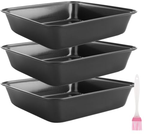 VIDETOL 3 Pcs Non Stick Oven Baking Tray, Square Deep Heavy Duty Carbon Steel Oven Tray with Oil Brush, PFOA Free Roasting Tin Pans for Baking Food, Black