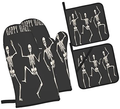 4 Pezzi Presine E Guanti Da Forno Halloween Skeleton Dance Funny Skull Cucina Guanti Resistente Al Calore Divertenti Guanti Per Grigliare Per Grigliare, Barbecue, Cucinare