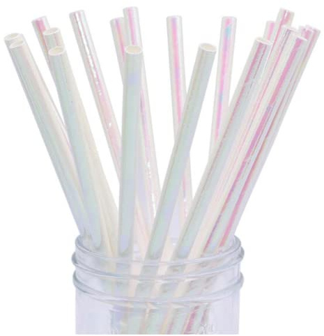 Iridescent White Paper Straws, Compostable Recyclable Iridescent Party White Straws for Cocktail, Juice and Smoothie - Eco-Friendly Alternative to Plastic Straws