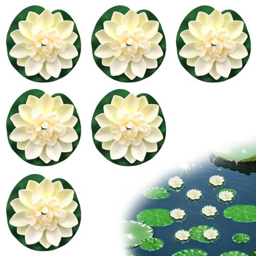 Zeevill Floating Foam Lotus Flowers, 6 Pcs Artificial Water Lilies Artificial Pond Plants for lake, Floating Pond Plants Ornaments for Pond Decorations, White