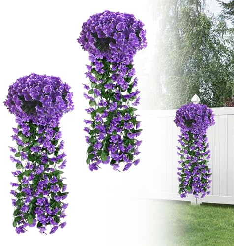 2 Stück Kunstpflanze Hängend Kunstblumen Artificial Violette Blumen Hanging Flowers Balkon Künstliche Pflanzen Wie Echt Hängend Hängepflanzen Hängeblumen Plastikblumen Seidenblumen Lila für Balkon