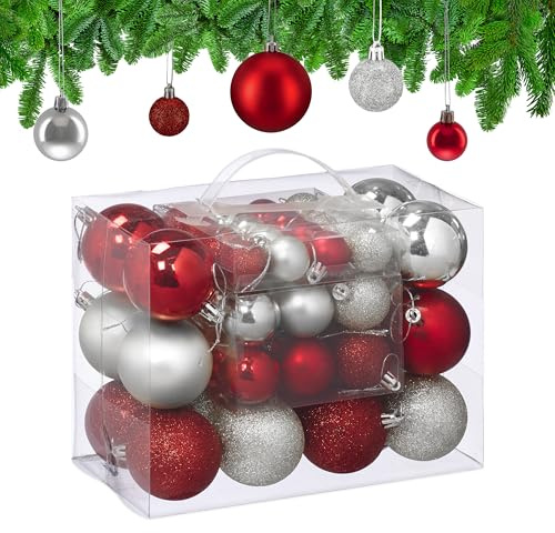 Relaxdays Weihnachtskugeln 50er Set, Weihnachtsdeko, matt, glänzend, glitzernd, Christbaumkugel ∅ 3, 4 & 6cm, Silber/rot