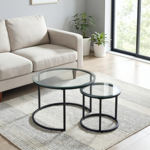 Round Nesting Coffee Table Set of 2, Glass Stacking Minimalist End Table