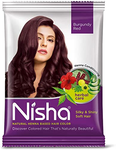 Nisha Hennè, colore rosso bordeaux, confezione da 12 pezzi, colore naturale per capelli vegetali con amla, shikakai, ibisco, aloe vera, ayurvedico, erbe aromatiche, cura dei capelli, con adesivo Kajal