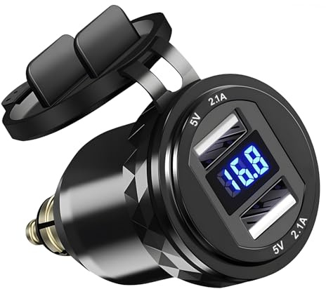 Adaptador DIN a Doble QC 3.0 USB para Motocicleta | Cargador Coche USB Carga Rapida, Cargador Mechero Movil Coche con Pantalla de Voltímetro para BMW Motocicletas de 12V/24V