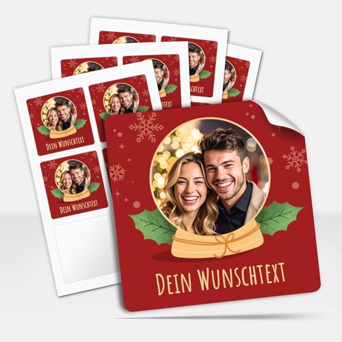 Weihnachtsaufkleber personalisiert mit Deinem Foto und Text für Geschenke quadratisch ca. 5,5 cm Aufkleber Weihnachten Geschenkaufkleber rot