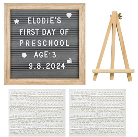 Felt Letter Board Set, 20x20cm Wooden Message Board with 340 Letters Numbers Symbols Grey Felt Board with Display Stand DIY Frame Message Sign for Home Office Party Wedding