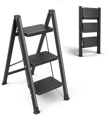 Teodute Escabeau 3 Marches, Charge Maximale Supportée 150kg, Acier Carbone Allié Marche Pied Pliable avec Marches Larges, Escabeau pour Buanderie Cuisine Chambre Garage