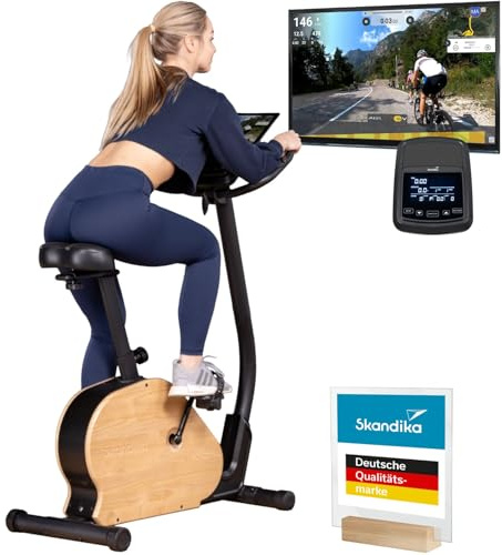 Skandika Ergómetro Treliv P8 - bicicleta estática de hierro e madera - pantalla LED| Freno magnético de 32 niveles - 22 programas, sillín y manillar ajustables