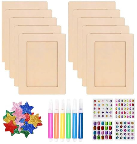 10 Stück Holzbilderrahmen, Bilderrahmen Zum Bemalen, Holzbilderrahmen Zum Bemalen mit Acrylstiften, Glitzersteinen & Stickern, Kreatives Bastelset für Familien, Deko & Geschenkidee (Stil A)