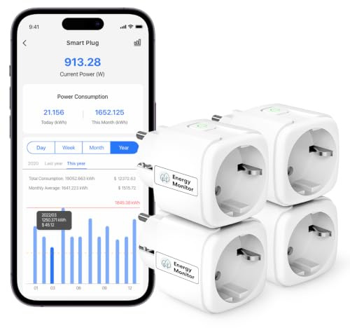 Meross Prise Connectée Wifi avec Mesure Consommation Electrique, Type F | Prise Telecommande Intelligente avec Minuterie, Compatible Alexa & Google Home, Contrôle Vocal & Smart Home,16A, 4 Pièces