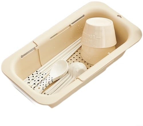 MeevrgR Justerbar diskbänk dräneringskorg, expanderbart diskställ för tvätt av frukt och grönsaker, PP-sil med stor kapacitet med ergonomiska grepp och dräneringshål, gräddvit (L)