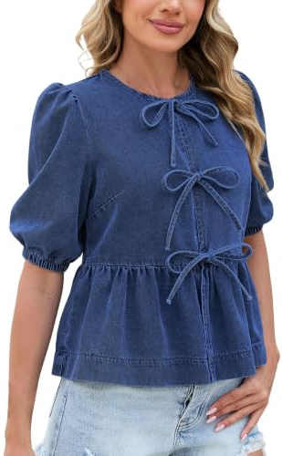 Dam puff kortärmad denim toppar fluga denim peplum topp jeans blus | Ruffle Hem Chambray skjorta, sommar jeansskjorta, denim magtoppar för semester