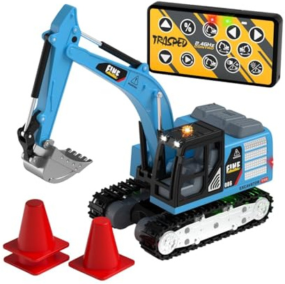 CoudarTitie Mini Excavadora Teledirigida Vehículo de Construcción RC Coche de Juguete Modelo a Escala Brazo Flexible con Cazo y Secuencias Automáticas, Azul