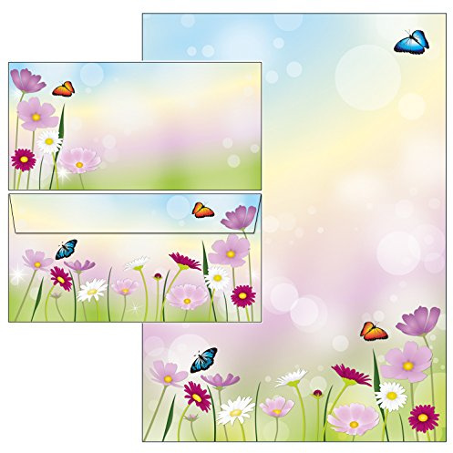 schöne Blumenwiese - Blumen Briefpapier-Mappe 25 Blatt Briefpapier + 20 Stück Briefumschläge DIN lang ohne Fenster 51235+61231M