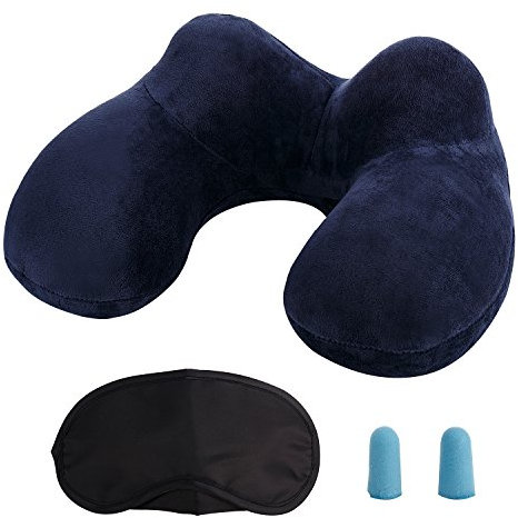 LUZWAY Inflatable Travel Pillow Neck Pillow Traval Pillow Neck Pillow for Travel Kits Ergonomic Soft Velvet Washable Pillowcase with Ear Plug and Eye Mask for Airplane, Car, and Train（Blue）