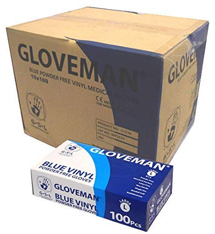 GLOVEMAN 1 Case (1,000 Gloves) Blue Vinyl Powder Free Gloves - Sizes Extra Small to Extra Large (Small)