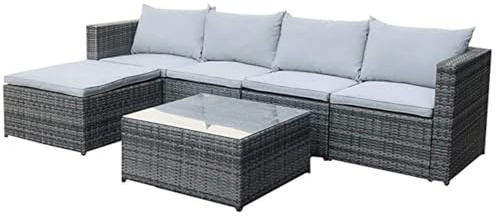 EVRE Miami Grey Outdoor Rattan Garden Furniture Set for Patio Conservatories with 5 seat Modular Sofa Glass Top Coffee Table Foot Stool Cushions Fade Resistant with Weatherproof Cover