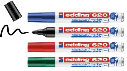edding 620 Whiteboard-Marker, mehrfarbig, 4 Stifte, runde Spitze, 1,5-3 mm, abwischbarer Filzstift, für Whiteboards, magnetisch, Memo und Konferenzstaffelei, nachfüllbar