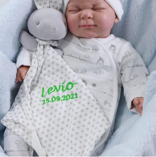 generisch Schmusetuch mit Namen und Geburtsdatum Bestickt Stoff aus 100% Baumwolle Kuscheltuch (Grau - Hase)