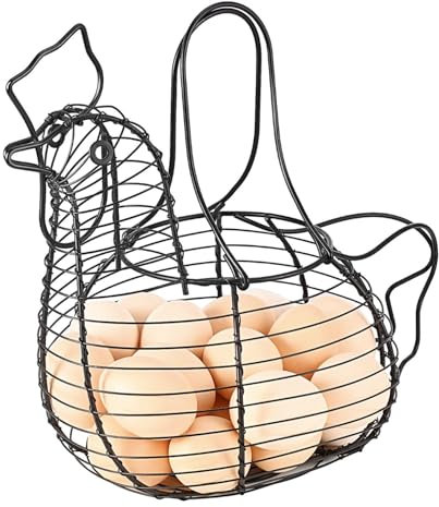 Flexzion Chicken Egg Basket for Collecting Eggs, Small Wire Egg Collecting Basket with Handle for Eggs, Fruits, Vegetables, Farmhouse Rustic Style Chicken Basket Decor for Kitchen Countertop, Black