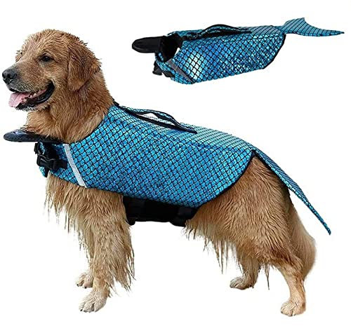 YUSHUREN Costume da Bagno per Cani Giubbotto Salvagente Abbigliamento Cani Compagnia Squalo Design Forma Sirena Gilet Sicurezza Pieghevole per Cani Taglia Piccola Media (Color : Blue, Size : L)