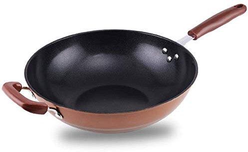 ksamwjf Woks antiadherentes y sartenes salteadas con Tapa, Cesta para freír y Parrilla de Vapor, sartén Wok Antiadherente de Cobre con Tapa