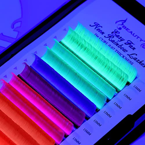 Beauty7 Neon UV farbige Wimpernverlängerung Farbe Wimpernverlängerungen leuchten unter UV Licht Schwarzlicht Farbe Selbstfächernde Wimpern Regenbogenfarben 7 Farben D+ 0.07 13-15mm