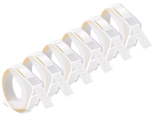 Cruxer Prägeband, Ersatz für Dymo Omega Etikettenband, selbstklebendes Dymo Prägeband, 9 mm x 3 m, weiß auf transparenten Vinyl-Etiketten für DYMO Omega Junior Prägeetikettenmacher, 6 Stück