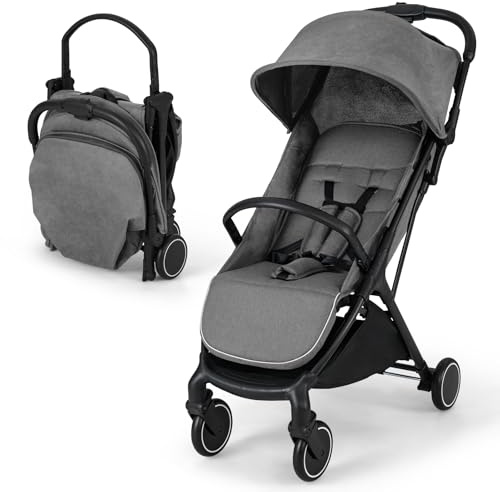 LIFEZEAL Silla de paseo plegable, cochecito para niños con techo y asa, carrito portátil de viaje para bebés 0-36 meses, espaldo ajustable, carro compacto cesta grande (gris+negro)