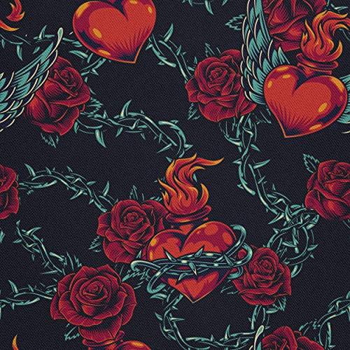 HEKO PANELS Oxford Wasserdichte Meterware Canvas Polyester Stoff Zum Nähen, Dekostoffe Wasserabweisend Blickdicht, Herzen Rosen Stacheldraht 2 Meter 155 x 200 cm