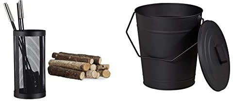 Relaxdays Kaminbesteck im Eimer, 5-TLG Kamingarnitur, schwarz, 35 x 17 x 17 cm & Ascheeimer mit Deckel, Abkühlen und Transportieren heißer Glut, Kamine, Öfen, Grills, 12 Liter, Stahl, schwarz