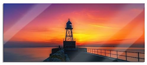 Pixxprint Glasbild Panorama, Wandbild aus Echtglas, Leuchtturm am Steg bei Sonnenuntergang, 120x50 cm, inkl. Aufhängung und Abstandshalter