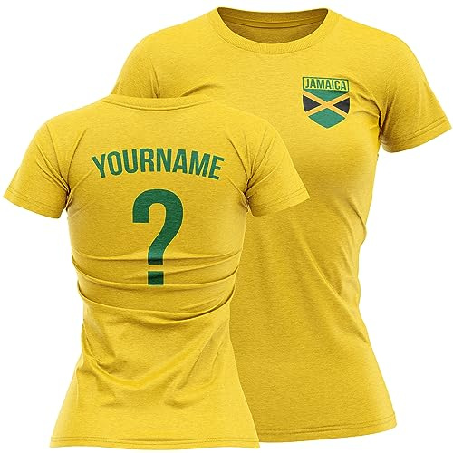 Purple Print House Personalised Womens Jamaica Shirt Flag Football T Shirt Custom Name Number Ladies Jamaican Retro Badge Supporter Her