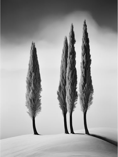 Artery8 Group of Cypress Trees on Snowy Hill Minimalist Black and White Photograph Cypresses in Foggy Winter Landscape Large Wall Art Poster Print Thick Paper 18X24 Inch