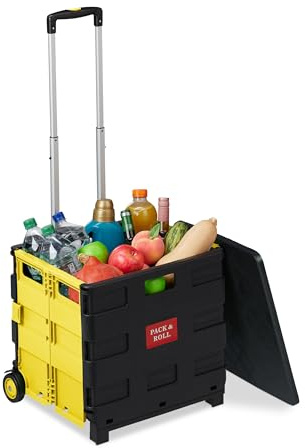 Relaxdays Einkaufstrolley klappbar, bis 35 kg, 50 l Kiste, mit Teleskopgriff, 2 Rollen, Transport Trolley, gelb/schwarz | mit Teleskopgriff, 2 Rollen, Transport Trolley