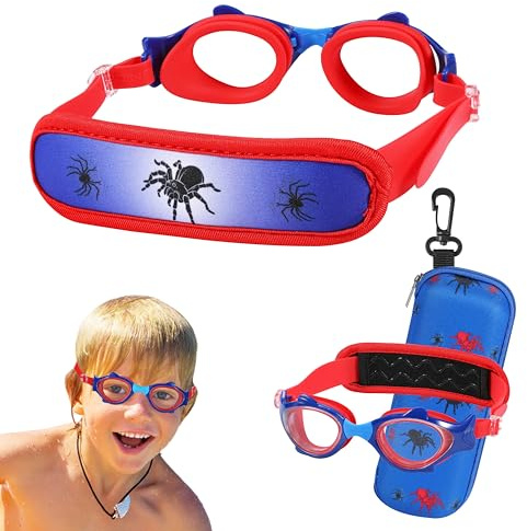 HYDROCOMFY 2PK Swim Goggles Toddlers Age 3/4/5/6, Toddler Goggles No Hair Pull, Child Goggles Bungee Fabric Strap (1PK Fish Padded - Spider)