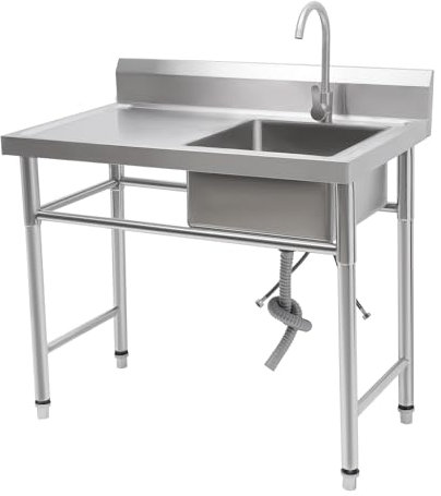 Küchenspüle Spültisch Edelstahl Spülbecken,Freistehende Spüle Küche 1 Becken Rechts 100x60cm Multifunktions Waschtisch Spültisch für Außen Innen Küche Restaurant(Recht Spüle)