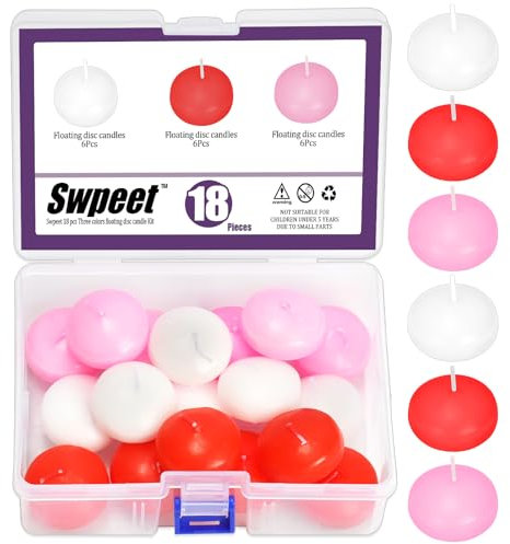 Swpeet Set di 18 candele galleggianti non profumate, bianche, rosa, rosse, da 3,8 cm, dischetti galleggianti, senza gocciolamento, arrotolati a mano, stoppini in cotone di cera di paraffina, per