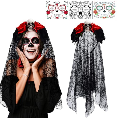 IWTBNOA de dödas dag hårband halloween, slöja hårband med 3 st tatueringar, mexikanskt rospannband, dödskalle-diadem, pannband för kvinnor