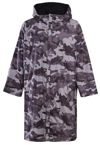 Heatwave Uni Outdoor-Bademantel, langärmelig, winddicht und wasserdicht, Kapuzenmantel für Strand, Wildschwimmen, Surfen, Übergröße, schnell trocknend, grau camo, L-XL