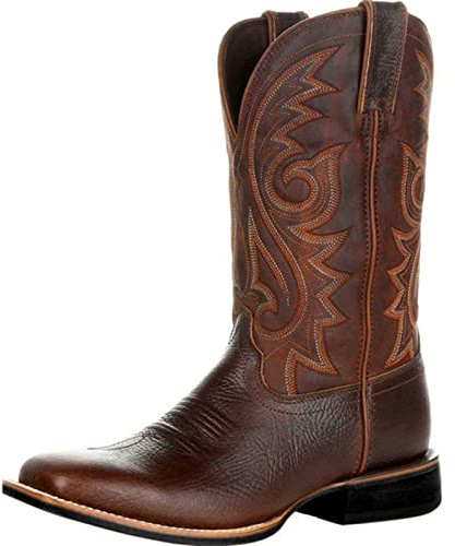 SOOUICKER Mens Cowboy Boots for Women Men Wide Calf Wide Fit Brown Black Leather Calf Length Boots Flat Cowboy Boots Shoes Retro