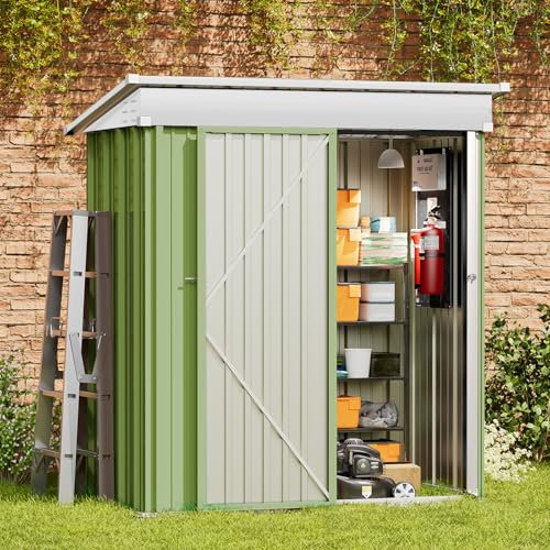 Amopatio Metal Garden Storage Shed 5x3 ft, Small Storage Shed 162x92x182 cm, Outdoor BikeShed Waterproof with Lockable Door for Winter, Backyard, Patio, Garbage Bin, Tools Green