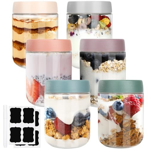 Ezvsevuo 6x 500ml Tarros de Cristal con Tapa Hermética de Rosca, Vasos Yogurtera con Tapa, Botes Cristal Pequeños, Tarros Cristal Conservas para Overnight Oats, Ensaladas, Budines, Mermeladas