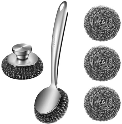 Rostfritt stål skrubber set, 5 st stål ullskrubbare med långt handtag metalltråd svampskurare för tallrikar krukor stekpannor handfat kök badrum