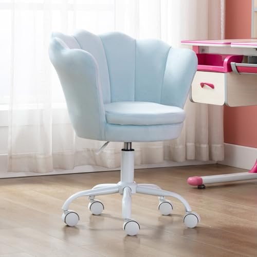 chairus Silla Escritorio Niña de Terciopelo Silla Infantil Giratoria con Ruedas, Sillas de Estudio con Forma de Flor para Niños, Azul